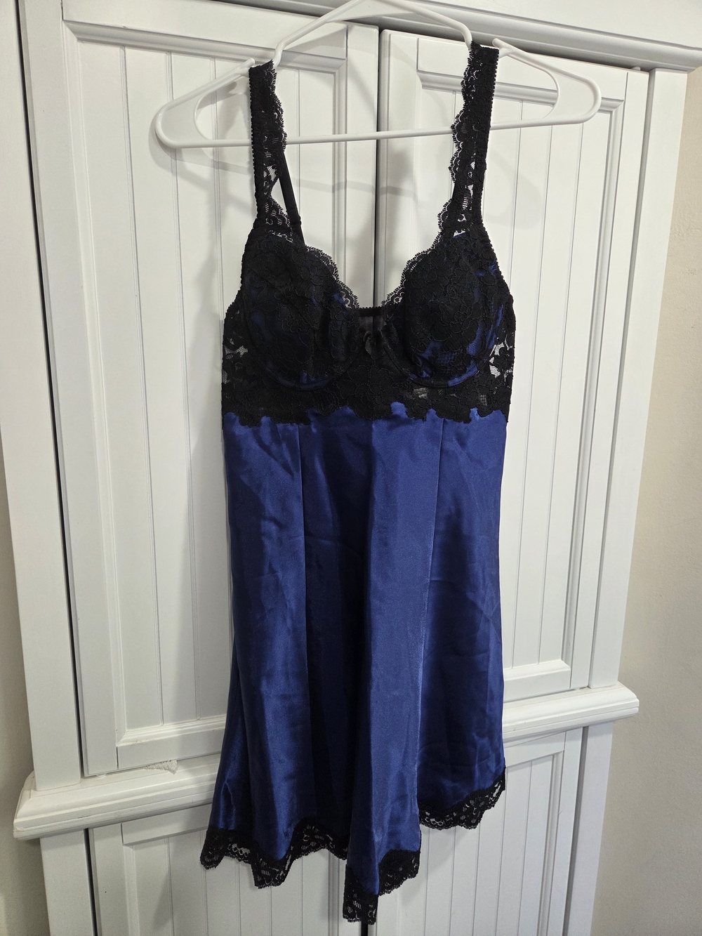 1990s Vintage Victoria's Secret Blue Black Lace Bustier Slip Dress Size S